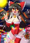  1girl bag bell bell_choker black_hair black_wings blush bow breasts chimney choker christmas_lights collarbone commentary_request fang full_moon gift hair_bow heavy_breathing highres large_breasts long_hair moon no_panties open_mouth orange_eyes reiuji_utsuho ribbon_choker rindou_(p41neko) snowing solo tagme thighs third_eye tongue touhou v wide_hips wings wrapped_up 