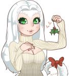  1girl bow breasts christmas cleavage dark_souls fur green_eyes heart horns long_hair mistletoe monster_girl open-chest_sweater priscilla_the_crossbreed solo souls_(from_software) sweater tail white_hair 