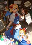  1girl alice_margatroid belt blonde_hair blue_dress blue_eyes book bookshelf bow candy capelet cleaning cup doll_joints dress duster emerane hair_bow hairband jar open_mouth pen sash shanghai_doll smile teacup touhou wrist_cuffs 