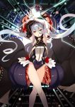  1girl armpits arms_up asymmetrical_clothes black_gloves blue_hair dress elbow_gloves gloves hair_ornament hat long_hair open_mouth red_eyes selenoring solo souseiki_aster_gate twintails white_gloves 