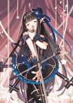  1girl bare_shoulders black_hair bow chain closed_eyes dress hair long_hair looking_at_viewer microphone microphone_stand open_mouth ribbon selenoring solo souseiki_aster_gate very_long_hair wristband 