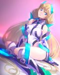  1girl absurdres angela_balzac aqua_eyes blonde_hair blurry boots breasts covered_navel depth_of_field dutch_angle elbow_gloves expelled_from_paradise frown gloves highres leotard long_hair moruga pink_background revision sitting solo very_long_hair 