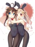  2girls ahoge animal_ears bare_shoulders black_hair blonde_hair blue_eyes bowtie braid breasts bunny_girl bunny_tail bunnysuit covered_navel detached_collar hair_ornament hair_ribbon hairclip kantai_collection leotard long_hair multiple_girls nunucco pantyhose rabbit_ears red_eyes revision ribbon shigure_(kantai_collection) single_braid straight_hair tail wrist_cuffs yuudachi_(kantai_collection) 