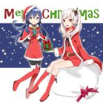  2girls :d belt blue_eyes blue_hair box brown_eyes christmas cute female_my_unit_(fire_emblem:_kakusei) fire_emblem fire_emblem:_kakusei gift gift_box gloves hair_ornament hair_ribbon hairclip hat hooded_cloak intelligent_systems long_coat long_hair long_sleeves looking_at_viewer lucina menoko merry_christmas moe multiple_girls my_unit my_unit_(fire_emblem:_kakusei) nintendo open_mouth red_gloves reflet ribbon robin_(fire_emblem) robin_(fire_emblem)_(female) sack santa_costume santa_hat shorts silver_hair smile star super_smash_bros. twintails 