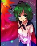  1girl antennae cape coco_(r5m) green_eyes green_hair leaf light_particles maple_leaf night short_hair smile solo touhou wriggle_nightbug 