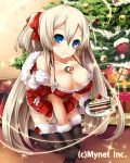  1girl arutoria blue_eyes blush breasts christmas cleavage looking_at_viewer official_art santa_costume silver_hair smile solo 