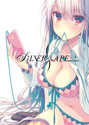  1girl bikini blush bracelet breasts brown_eyes cellphone cleavage cover cover_page doujin_cover earrings front-tie_bikini front-tie_top highres jewelry long_hair looking_at_viewer mouth_hold navel open_clothes open_shirt original phone reia side-tie_bikini silver_hair simple_background sitting solo swimsuit thigh-highs very_long_hair white_background 