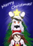  ^_^ arms_up bell biteear brown_hair carrying christmas christmas_tree closed_eyes hat highres kantai_collection long_hair looking_at_viewer merry_christmas mittens northern_ocean_hime open_mouth orange_eyes ryuujou_(kantai_collection) santa_hat shinkaisei-kan shoulder_carry smile twintails white_hair white_skin 