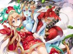  2girls ass asymmetrical_docking blonde_hair blue_eyes blue_skin breast_press breasts christmas cleavage demon_girl demon_horns demon_tail dress earrings fur_trim garter_straps hat high_heels himuro_(dobu_no_hotori) horns jewelry large_breasts long_hair looking_at_viewer mistletoe mittens multiple_girls open_mouth orange_hair outstretched_arm panties purple_panties puzzle_&amp;_dragons red_dress sakuya_(p&amp;d) santa_costume santa_hat santa_hera_(p&amp;d) short_dress short_shorts shorts sideboob smile star star_earrings tail tiara underwear violet_eyes 