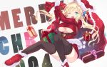  1girl ;d aqua_eyes black_legwear blonde_hair blue_eyes blush boku_wa_tomodachi_ga_sukunai boots box breasts butterfly butterfly_hair_ornament cait christmas cleavage cleavage_cutout gift gift_box gloves hair_ornament highres kashiwazaki_sena large_breasts long_hair long_sleeves looking_at_viewer one_eye_closed open-chest_sweater open_mouth ribbed_sweater sack simple_background smile solo sweater thigh-highs under_boob white_background white_gloves 
