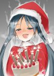  1girl aqua_eyes aura birthday birthday_cake black_hair blush cake candle christmas commentary_request fang fire food francesca_lucchini fruit fur_trim hat long_hair santa_costume santa_hat solo strawberry strike_witches twintails very_long_hair yuzuyoukan 