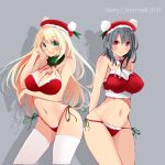  2girls :d atago_(kantai_collection) bikini black_hair blonde_hair breast_hold breasts cleavage green_eyes hat highleg highleg_bikini highleg_swimsuit highres kantai_collection large_breasts long_hand lowleg lowleg_bikini multiple_girls navel open_mouth panties red_eyes santa_hat short_hair side-tie_bikini smile swimsuit tagme takao_(kantai_collection) tbd11 thigh-highs underwear white_panties 