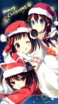  3girls ;) ;p black_gloves black_hair blue_eyes braid brown_eyes brown_hair double_bun fingerless_gloves gloves hair_ornament hat kantai_collection long_hair lying lying_on_person merry_christmas multiple_girls naka_(kantai_collection) nunucco on_stomach one_eye_closed red_gloves ryuujou_(kantai_collection) santa_costume santa_hat scarf school_uniform serafuku shigure_(kantai_collection) short_hair single_braid smile tongue tongue_out twintails v 