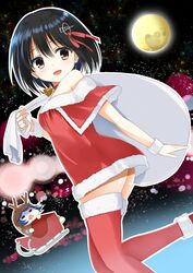  2girls alternate_costume animal_costume bare_shoulders bell bell_choker black_hair brown_eyes character_request chibi choker christmas dress full_moon fur_trim haguro_(kantai_collection) hair_ornament highres kantai_collection marimo_kei moon multiple_girls night night_sky over_shoulder red_dress red_legwear reindeer_costume santa_costume short_hair sky sleigh strapless_dress tears thigh-highs 