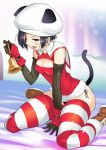 1girl animal_ears animal_hat arm_support bell black_hair blush boots brown_eyes center_opening elbow_gloves gloves hat kobayakawa_rinko looking_at_viewer love_plus makokujira open_mouth short_hair sitting smile solo striped striped_legwear tail thigh-highs tongue tongue_out wariza 