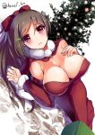  1girl breasts brown_hair henet_hene kantai_collection long_hair looking_at_viewer mamiya_(kantai_collection) ponytail red_eyes santa_costume solo 