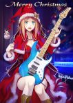  1girl 440 blonde_hair blue_eyes boots bow capelet christmas dress electric_guitar guitar hat instrument looking_at_viewer open_mouth original plectrum santa_hat smile 