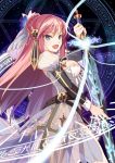  1girl belt blue_eyes blush cross dress long_hair looking_at_viewer magic_circle open_mouth pink_hair puffy_sleeves selenoring smile solo souseiki_aster_gate sword veil weapon 