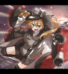  1girl amonitto arms_up black_legwear blonde_hair cannon clouds gloves green_eyes hat kantai_collection letterboxed long_sleeves looking_at_viewer machinery military military_uniform ocean open_mouth prinz_eugen_(kantai_collection) sailor_hat shirt skirt sky solo sunset thigh-highs twintails uniform water white_gloves zettai_ryouiki 