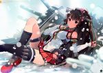  1girl absurdres anchor armpits brown_hair cherry_blossoms headgear highres huge_filesize kantai_collection long_hair looking_at_viewer machinery ponytail red_eyes smile snowing solo thigh-highs tousaki_umiko turret yamato_(kantai_collection) 