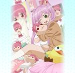  1girl :d ;d bed character_doll cheek_press dakimakura_(object) doll_hug dress_shirt fat green_eyes kamo_(sabagebu!) kasugano_urara_(sabagebu!) kneehighs mole official_art on_bed one_eye_closed open_mouth photo_(object) pillow pink_hair red_eyes sabagebu! school_uniform shirt sitting skirt smile solo sonokawa_momoka sweater twintails white_legwear 