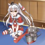  1girl alternate_costume amatsukaze_(kantai_collection) blush bowtie brown_eyes capelet choker christmas dress fang fur_trim garter_straps gloves hat headgear kantai_collection komori_kudzuyu long_hair looking_at_viewer open_mouth red_dress red_legwear rensouhou-kun santa_costume santa_hat silver_hair single_glove sitting striped striped_legwear thigh-highs two_side_up wariza white_gloves 