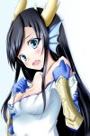 1girl absurdres black_hair blue_eyes blush breasts chinese_clothes cleavage head_fins highres horns karin_(p&amp;d) long_hair mito_yoshihiro off_shoulder puzzle_&amp;_dragons solo 