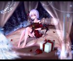  1girl alternate_costume bat_wings bed bed_sheet bedroom camisole canopy_bed chikawa_shibainu christmas colored_eyelashes eyes_visible_through_hair hair_between_eyes hair_ribbon highres lavender_hair lingerie looking_at_viewer object_hug off_shoulder pointy_ears red_eyes remilia_scarlet ribbon short_hair sitting solo stuffed_animal stuffed_toy teddy_bear thighs touhou underwear wings 