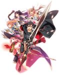  &gt;:o 1boy 4girls :d :o ahoge axe black_hair blue_eyes brown_eyes brown_hair cape fighting_stance folded_ponytail hat highres holding long_hair looking_at_viewer multiple_girls murakami_yuichi open_mouth orange_eyes original pink_hair red_eyes smile staff sword weapon witch_hat 