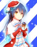  1girl blue_hair bow elbow_gloves gift gloves hat long_hair looking_at_viewer love_live!_school_idol_project oda_(101511a) red_gloves santa_costume santa_hat smile solo sonoda_umi striped striped_background yellow_eyes 