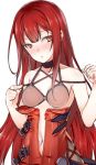  1girl bare_shoulders blush breasts bust elesis elsword kuro_(kuronell) long_hair navel orange_eyes redhead sheer_clothes simple_background solo very_long_hair white_background 