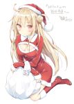  1girl ahoge blonde_hair boots breasts character_request christmas cleavage commentary_request hair_bun hat large_breasts long_hair long_sleeves peko red_eyes sack santa_costume santa_hat simple_background solo translation_request white_background 