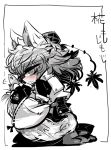  1girl animal_ears blush detached_sleeves hat inubashiri_momiji monochrome short_hair solo spot_color tail tokin_hat touhou wolf_ears wolf_tail yt_(wai-tei) 