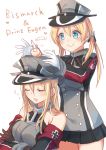  &gt;:) 2girls anchor_hair_ornament bismarck_(kantai_collection) blonde_hair c: character_name gloves green_eyes hat kantai_collection microskirt military military_uniform multiple_girls nunucco prinz_eugen_(kantai_collection) revision skirt sleeping slug smile twintails uniform zzz 