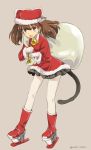  1girl :d bell bell_collar black_skirt brown_background brown_eyes brown_hair cat_tail collar fur_trim gloves hat highres ice_skates japanese_clothes kantai_collection kariginu looking_at_viewer moca_blanc open_mouth over_shoulder pantyhose paw_pose pleated_skirt red_boots ryuujou_(kantai_collection) sack santa_boots santa_costume santa_hat simple_background skates skirt smile solo tail twintails twitter_username white_gloves white_legwear 