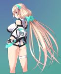  1girl angela_balzac blonde_hair blue_background blue_eyes breasts expelled_from_paradise gradient gradient_background green_background highres leg_garter leotard long_hair looking_at_viewer nekomamire sideboob smile solo twintails very_long_hair 