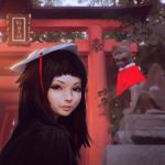  1girl black_eyes black_hair blurry bust depth_of_field face fox_mask fushimi_inari_taisha ilya_kuvshinov inari lips looking_at_viewer looking_back mask original real_world_location solo statue torii 