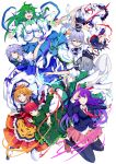  6+girls animal_ears black_hair blazer blonde_hair blue_eyes bow braid cat_ears crescent detached_sleeves dress frog frog_hair_ornament green_eyes green_hair grin hair_ornament hair_ribbon hairband hat highres hitodama horns ishimu izayoi_sakuya japanese_clothes kaenbyou_rin kariginu katana kijin_seija kochiya_sanae konpaku_youmu konpaku_youmu_(ghost) large_breasts long_hair maid maid_headdress mononobe_no_futo multicolored_hair multiple_girls necktie open_mouth pointy_ears ponytail purple_hair rabbit_ears red_eyes redhead reisen_udongein_inaba ribbon shawl short_hair silver_hair skirt smile snake snake_hair_ornament streaked_hair sword tail tate_eboshi toramaru_shou touhou twin_braids two-tone_hair upside-down weapon white_hair yellow_eyes 