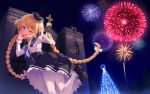  1girl ;d arched_back blonde_hair blue_eyes braid christmas_lights christmas_tree cross fireworks from_behind hat highres leg_up long_hair looking_at_viewer magi_in_wanchin_basilica night official_art one_eye_closed open_mouth smile solo twin_braids very_long_hair white_legwear yaguo 
