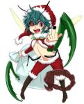  1girl absurdres antennae belt bifrst breasts earrings green_hair highres insect_girl insect_wings jewelry middle_finger monster_girl navel open_clothes open_shirt piercing praying_mantis red_eyes sack santa_costume scorpion_tail solo tears tongue_piercing touhou wings wriggle_nightbug 