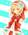  1girl ayase_eli blonde_hair blue_eyes bow elbow_gloves gloves hands_on_own_chest hat looking_at_viewer love_live!_school_idol_project oda_(101511a) red_gloves santa_costume santa_hat smile solo striped striped_background 