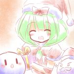  1girl blush bow green_hair hair_bow hat kagiyama_hina kedama lowres presenting santa_costume santa_hat smile solo tilde_(ice_cube) touhou 