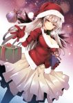  1girl blush bowtie box breasts cleavage gift gift_box gloves hat highres large_breasts long_hair parted_lips red_eyes red_gloves rozen_maiden santa_costume santa_hat silver_hair skirt smile solo suigintou tousen wings 
