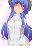  1girl :c arms_behind_back blue_eyes blue_hair blush breast_conscious cleavage_cutout flat_chest food fruit hat hinanawi_tenshi long_hair long_sleeves looking_at_viewer no_pants open-chest_sweater panties peach pink_panties ribbed_sweater small_breasts solo suikamaru sweater tears touhou turtleneck underwear very_long_hair 