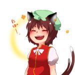  1girl animal_ears bow brown_hair cat_ears cat_tail chen closed_eyes earrings hat jewelry lowres multiple_tails open_mouth short_hair sisikuku smile solo tail touhou 