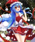  1girl blue_hair blush hat hinanawi_tenshi looking_back open_mouth red_eyes santa_costume santa_hat sash snowing solo touhou ymd_(holudoun) 