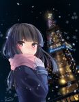  1girl alternate_costume black_eyes black_hair coat hatsuyuki_(kantai_collection) kantai_collection long_hair looking_at_viewer nunucco scarf solo tokyo_tower winter_clothes winter_coat 