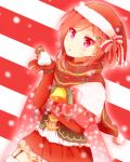  1girl bell bow elbow_gloves gift gloves hat looking_at_viewer love_live!_school_idol_project nishikino_maki oda_(101511a) red_gloves redhead santa_costume santa_hat scarf solo striped striped_background violet_eyes 