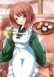  1girl apron brown_eyes brown_hair food girlfriend_(kari) gochuumon_wa_usagi_desuka? highres japanese_clothes kimono mochi satou_satomi seiyuu_connection shiina_kokomi short_hair tray ujimatsu_chiya ujimatsu_chiya_(cosplay) wagashi waitress zenon_(for_achieve) 