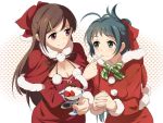  2girls black_hair blush breasts brown_hair cleavage feeding food green_eyes hair_ornament hair_ribbon hands_clasped hat ice_cream irako_(kantai_collection) kantai_collection kisetsu large_breasts long_hair mamiya_(kantai_collection) multiple_girls ponytail red_eyes ribbon santa_costume santa_hat smile 